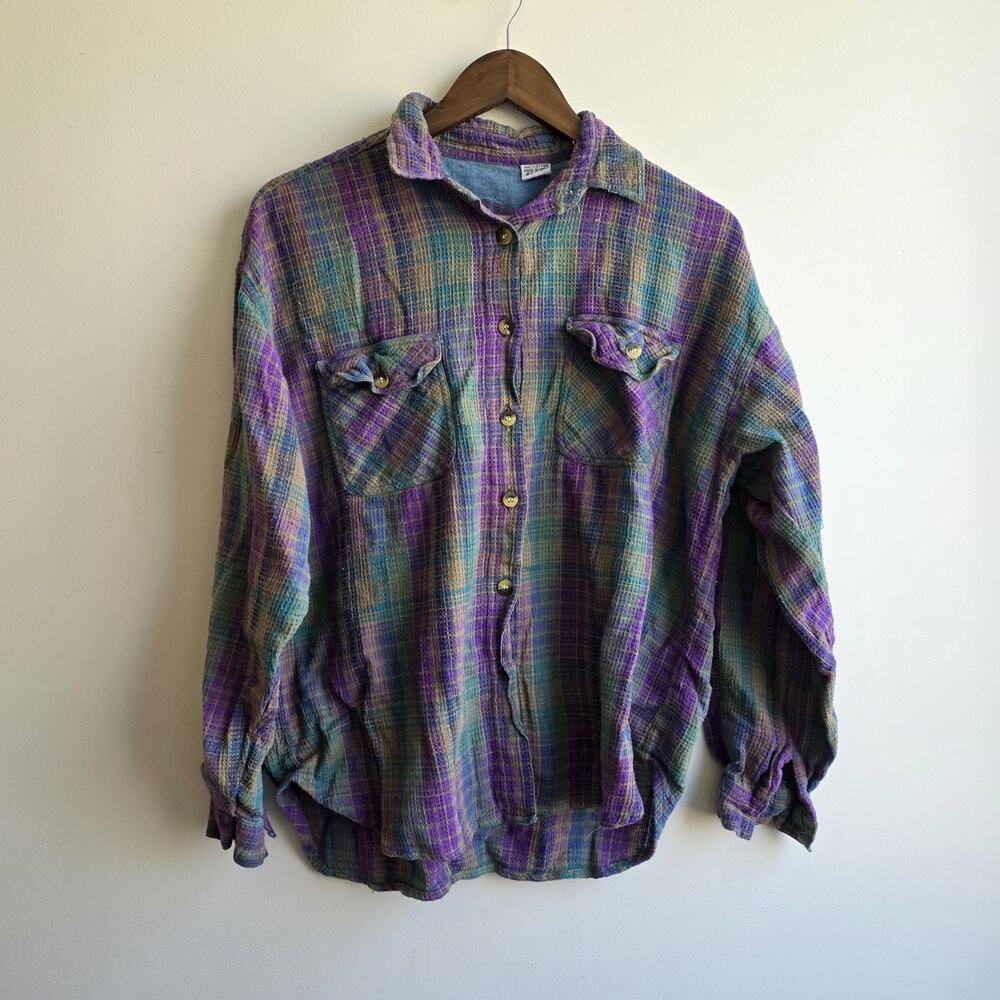 VTG Tangibles Womens Med Plaid Flannel Western Equestrian Purple Green Textured
